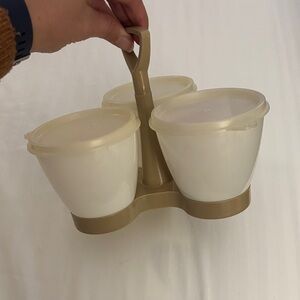 Vintage Tupperware Cream and Tan Triple Container Set Condiment Set with lids